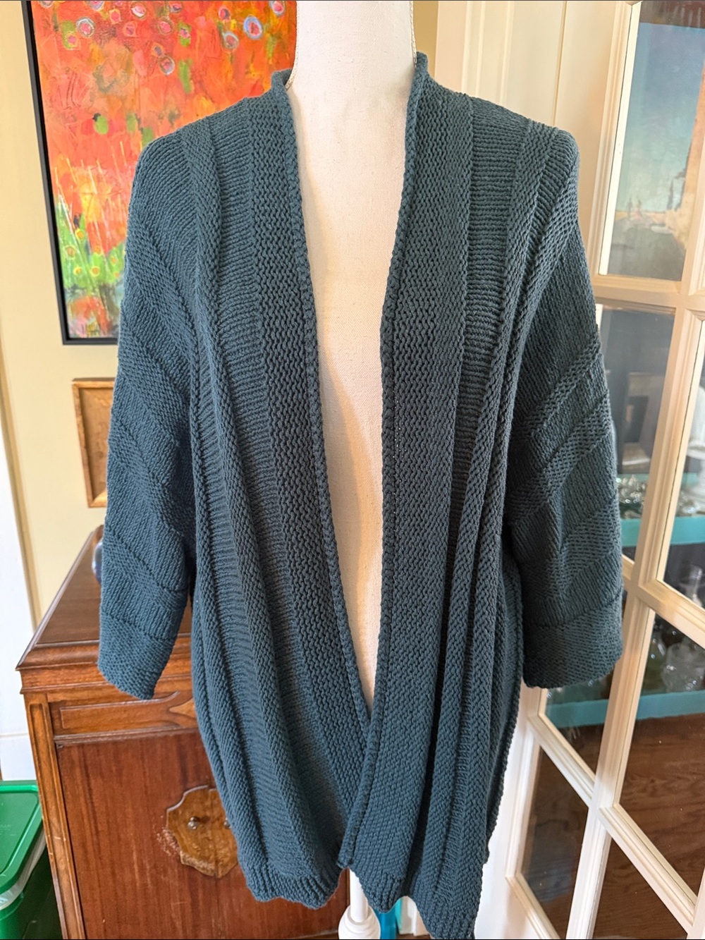 J.Jill Women's Open-Front Chunky Knit Cardigan Sweater - Teal Dolman 3/4 Sleeves